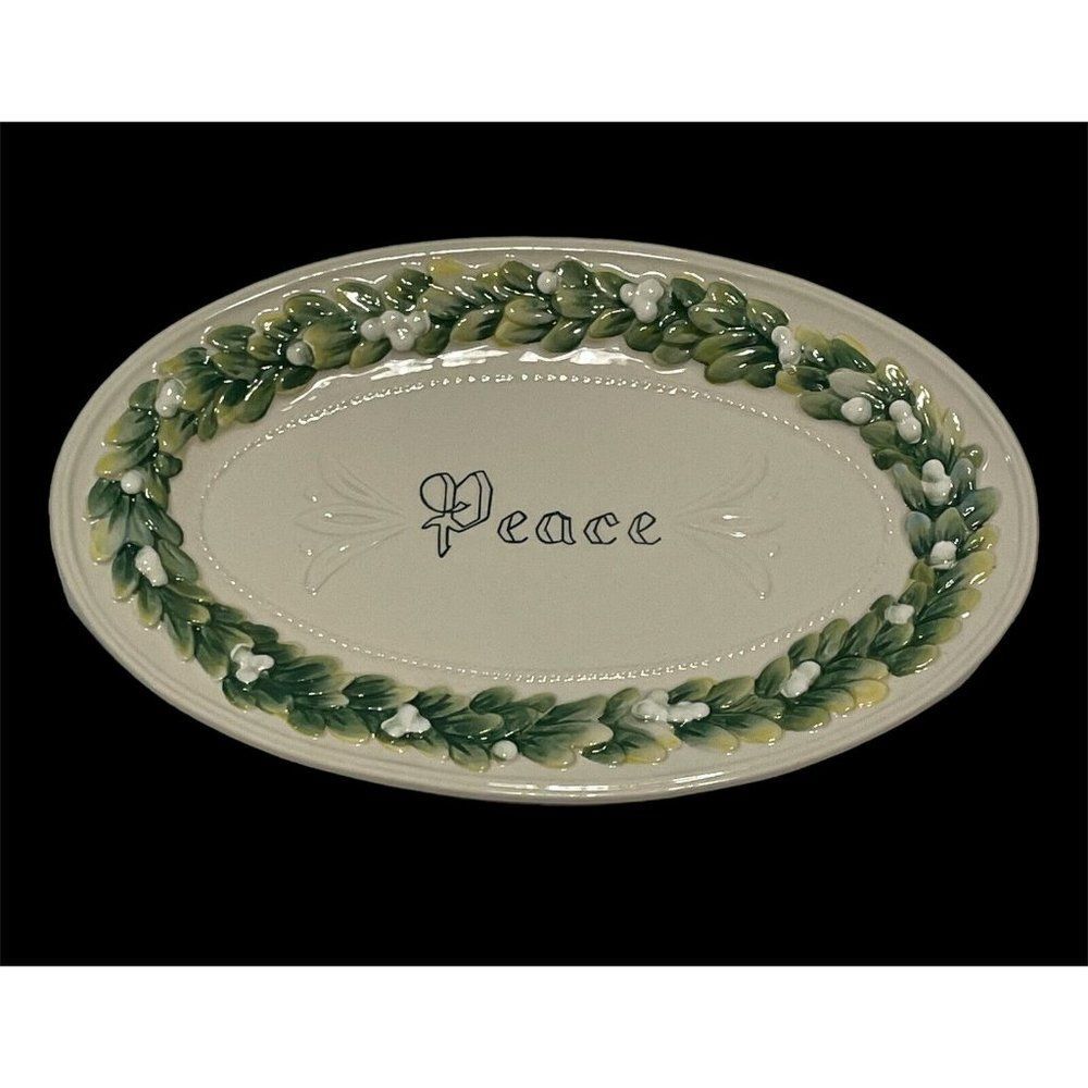 Fitz & Floyd Winter Garden PEACE Ceramic Platter Plate Trinket Dish 3D Holly